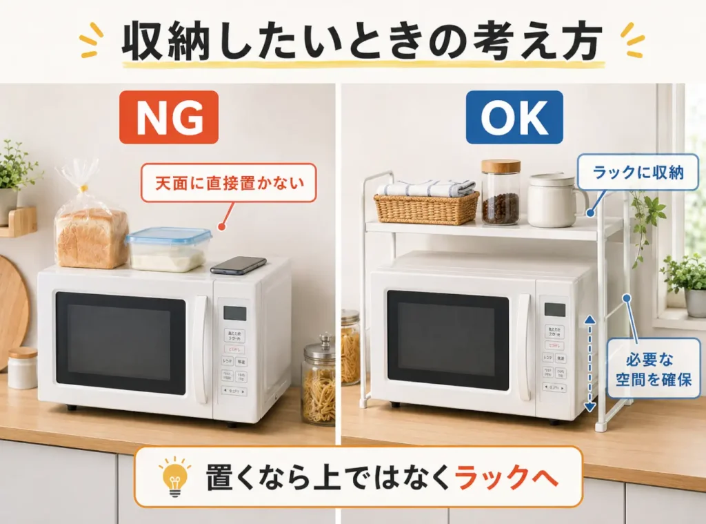 電子レンジの天面に直接物を置くNG例と、ラックで必要な空間を確保するOK例の比較図