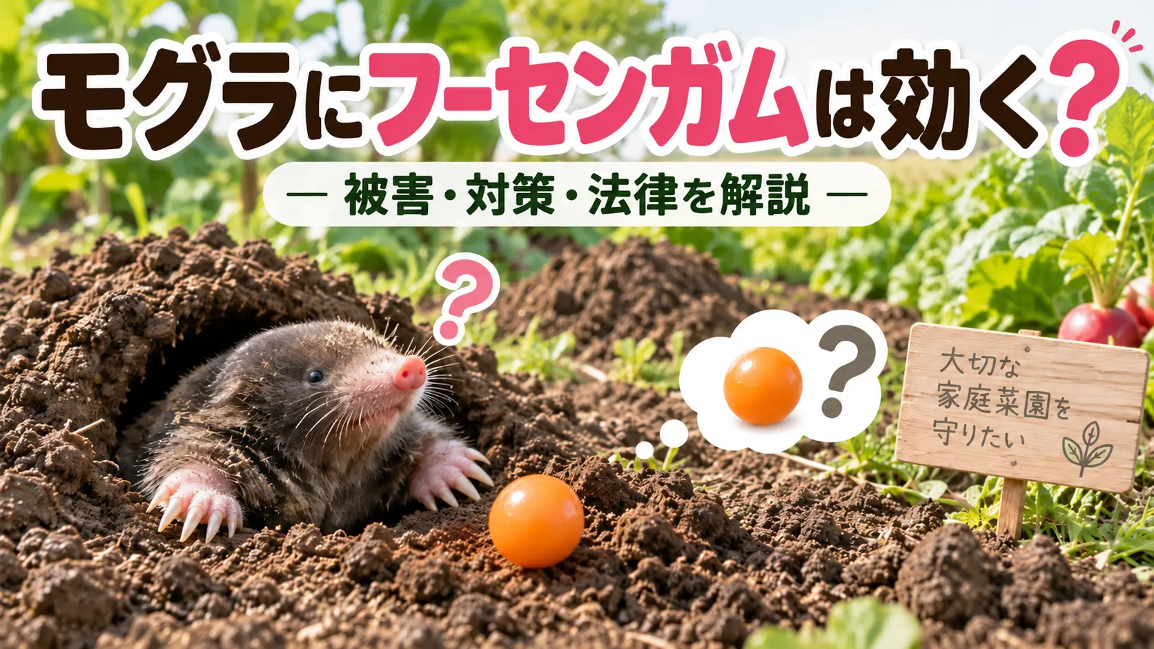 家庭菜園のモグラとフーセンガムを描いた「モグラにフーセンガムは効く?」の記事サムネイル