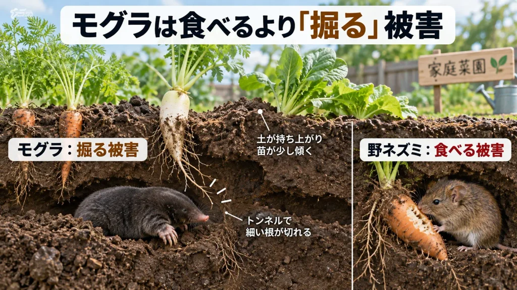 モグラは農作物を食べるよりトンネルを掘って根を傷め、野ネズミは根菜を食害することを示す図