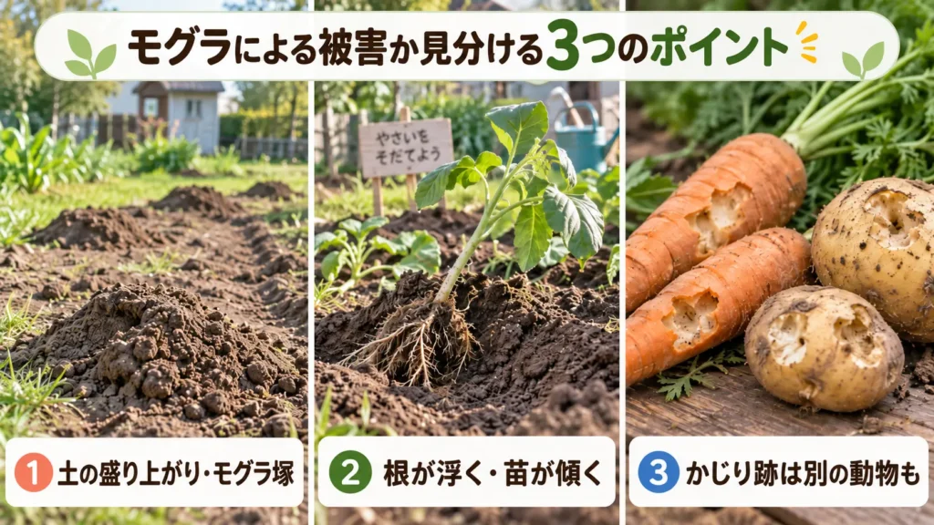 モグラ塚、根が浮いて傾いた苗、根菜のかじり跡からモグラ被害かを見分ける3つのポイント