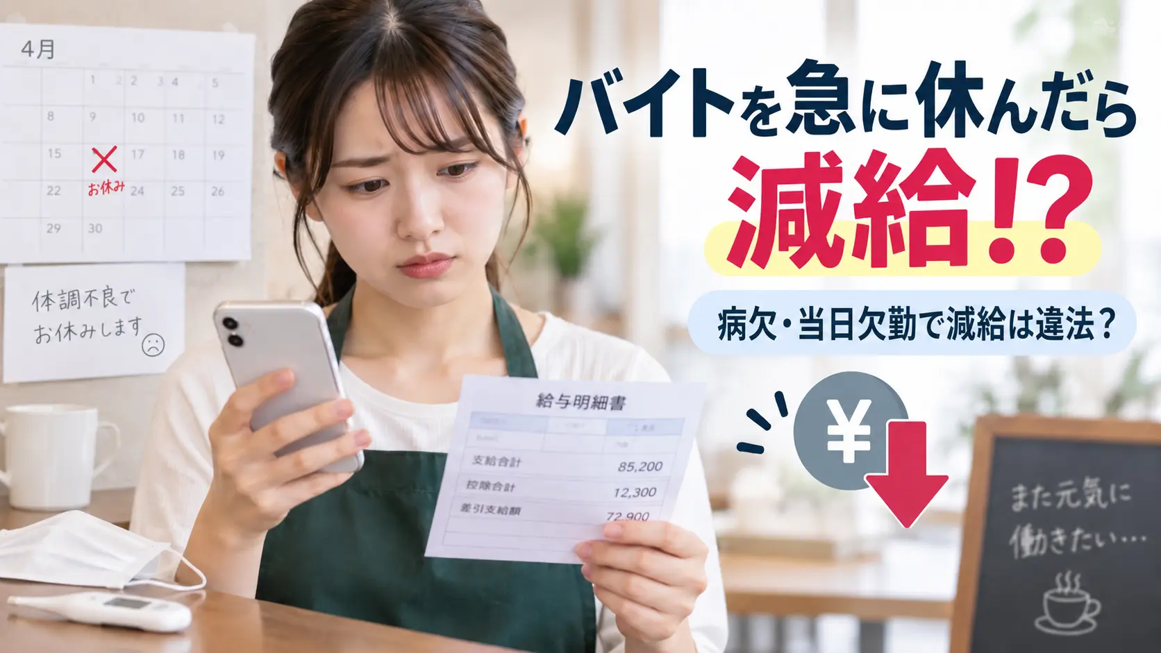 バイトを急に休んで減給された女性が、スマホと給与明細を確認しているイメージ
