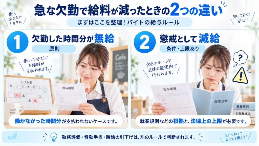 急な欠勤で給料が減った場合の「欠勤時間分の無給」と「懲戒としての減給」の違いを比較した図