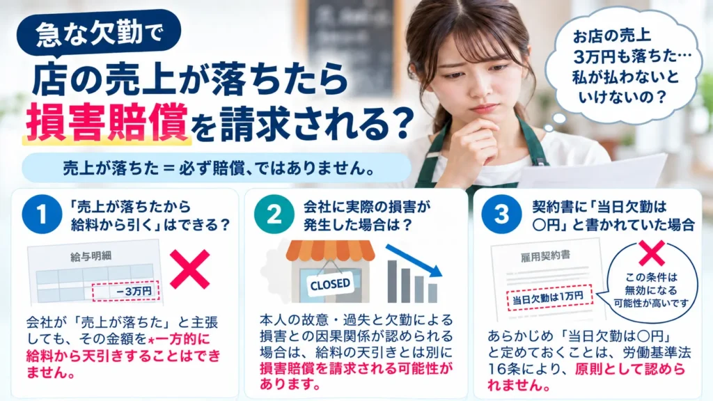 急な欠勤で店の売上が落ちた場合の、給料からの天引き、実際の損害賠償、当日欠勤の違約金条項の考え方を3つに分けて説明した図