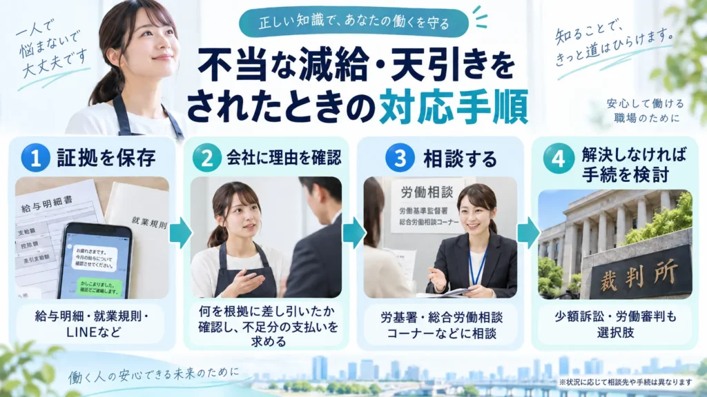 不当な減給や天引きをされたときの、証拠保存・会社への確認・相談・法的手続の流れを示した図