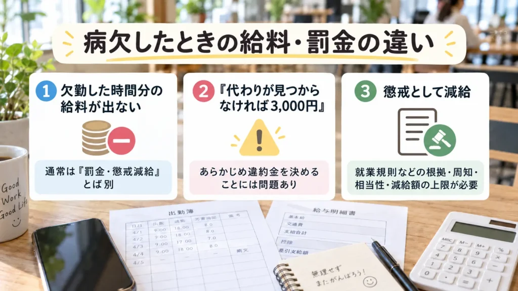 病欠時の欠勤控除・違約金・懲戒減給の違いを3項目で整理した図