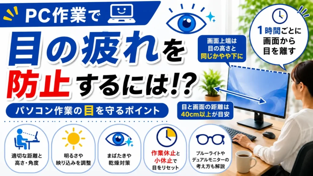 PC作業で目の疲れを防ぐための画面との距離・高さ・作業休止などのポイント
