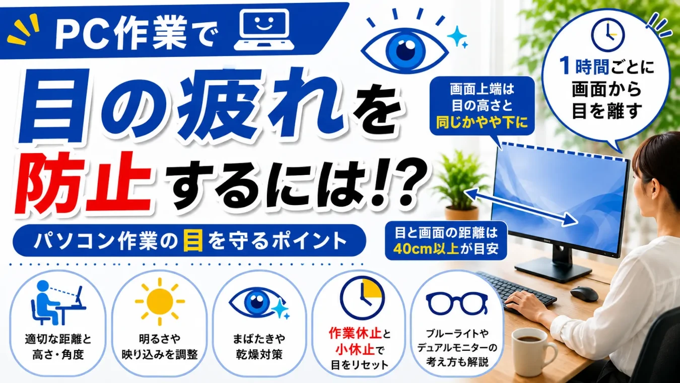 PC作業で目の疲れを防ぐための画面との距離・高さ・作業休止などのポイント