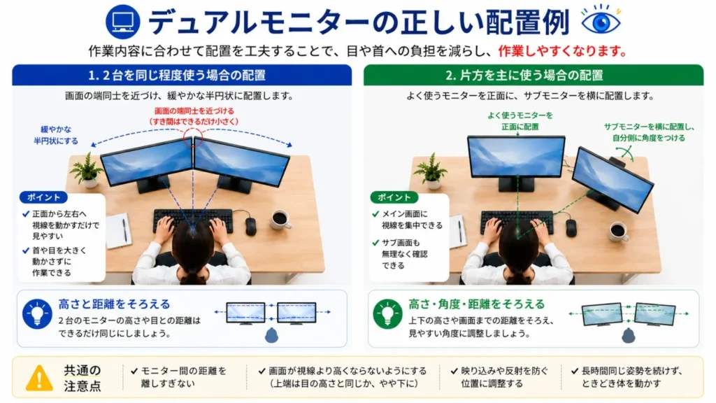 デュアルモニターを2台同程度使う場合と片方を主に使う場合の正しい配置例