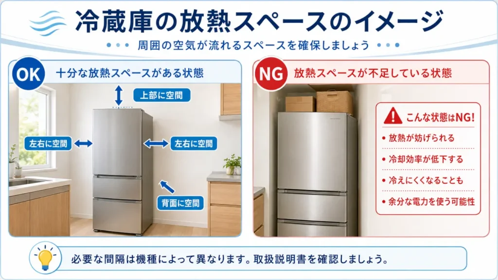 冷蔵庫の上部・左右・背面に必要な放熱スペースと、物を置いて放熱を妨げた場合のNG例を比較した図