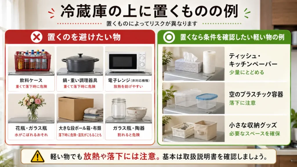 冷蔵庫の上に置くのを避けたい重い物・割れ物と、条件を確認して置きたい軽い物の例を比較した図