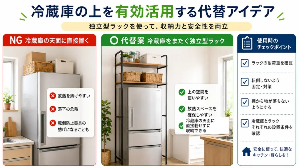 冷蔵庫の天面に直接物を置く場合と、冷蔵庫をまたぐ独立型ラックを使う代替収納方法を比較した図