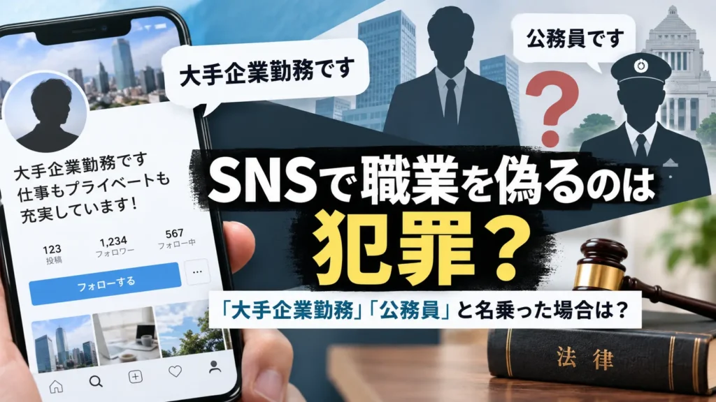 SNSプロフィールで「大手企業勤務」「公務員」と名乗る例と、法律上の問題を示すサムネイル