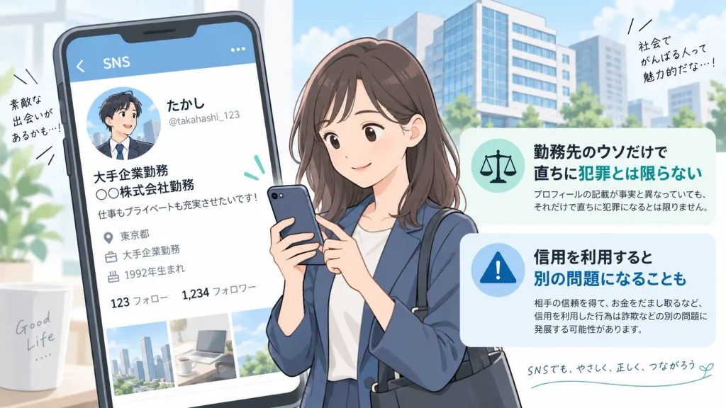 SNSで「大手企業勤務」と偽る例と、勤務先のウソだけでは直ちに犯罪とは限らないことを示すイラスト