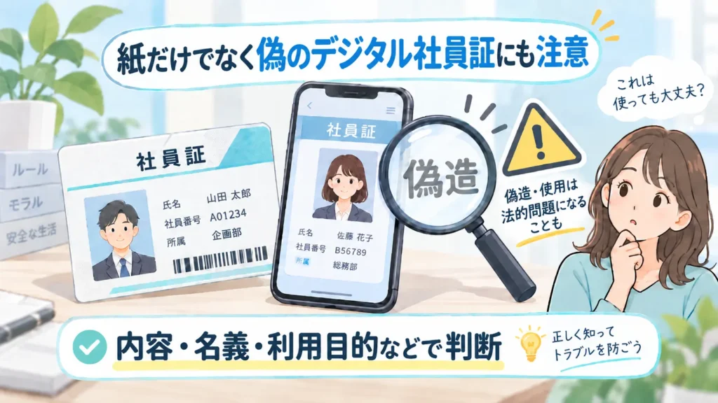 紙の社員証とデジタル社員証の偽造について、内容や名義・利用目的などで判断されることを示すイラスト