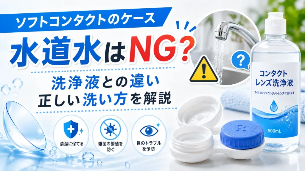 ソフトコンタクトのレンズケースを水道水で洗ってよいかと洗浄液との違いを解説するイメージ