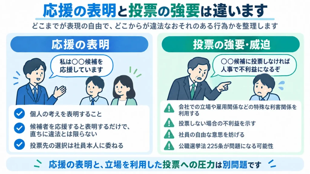 正規の代理投票と不正投票の違いを示した図解。本人が候補者を指示し補助者が記載する代理投票と、本人の指示なしに候補者を選ぶなどの不正となり得る例を比較。