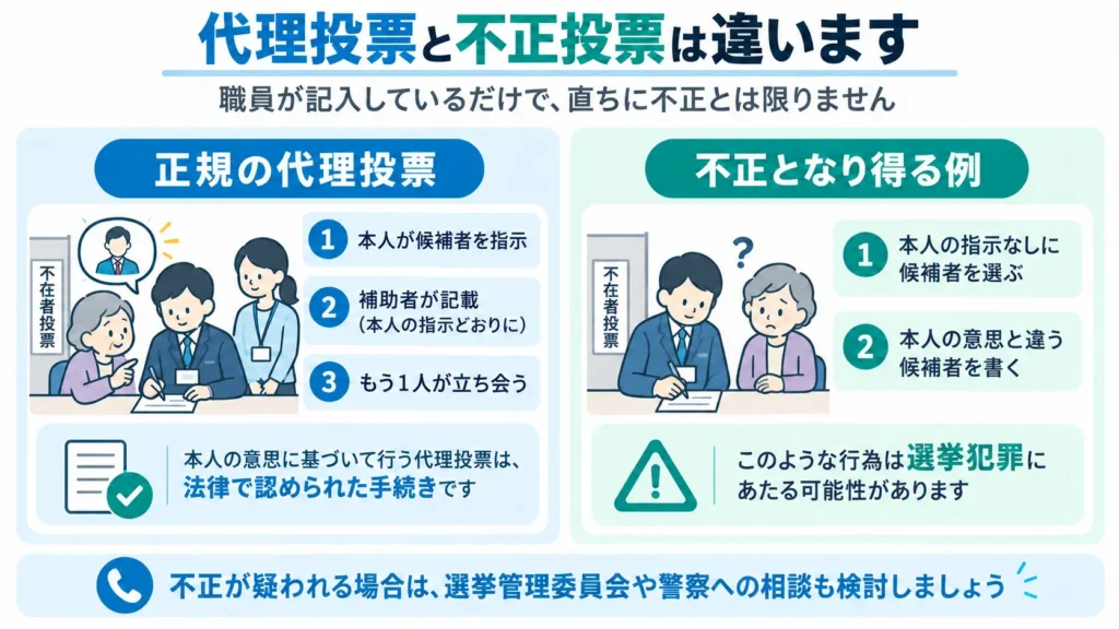 候補者への応援表明と投票の強要・威迫の違いを示した図解。候補者を応援すると表明することと、雇用関係などを利用して投票先を強制する行為を比較。